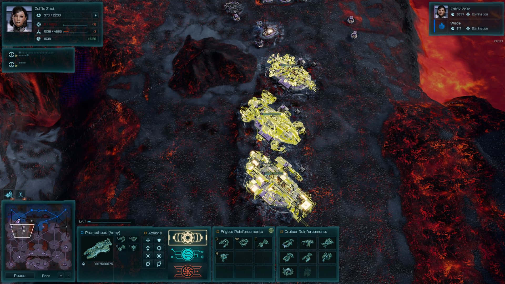 1920x1080 Ashes Of The Singularity 桌布 壁紙 — 科幻策略遊戲中，發光的黃色戰艦在充滿熔岩的熾熱戰場上航行的俯視圖。