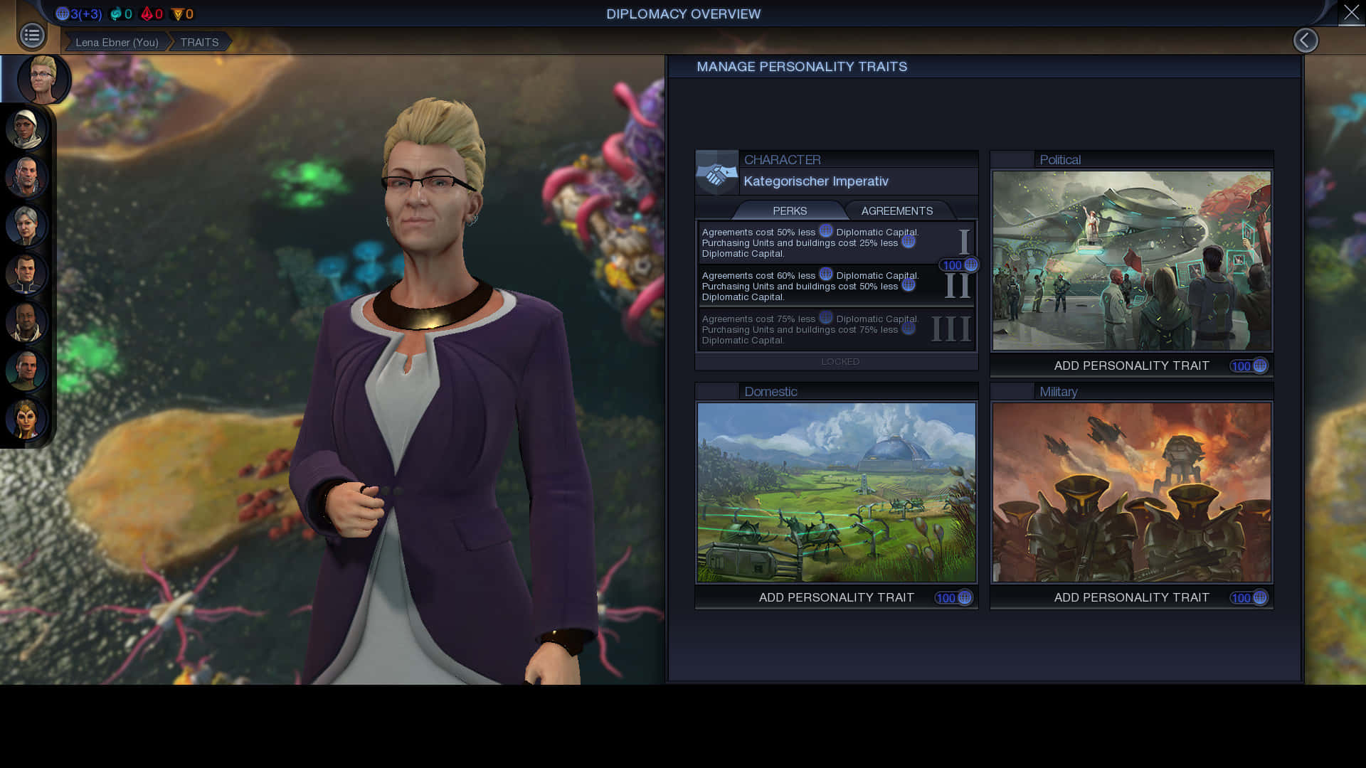 Civilization Beyond Earth 桌布 壁紙 — 科幻策略遊戲中的角色自訂畫面，顯示一位女性外交官及性格特質選項。