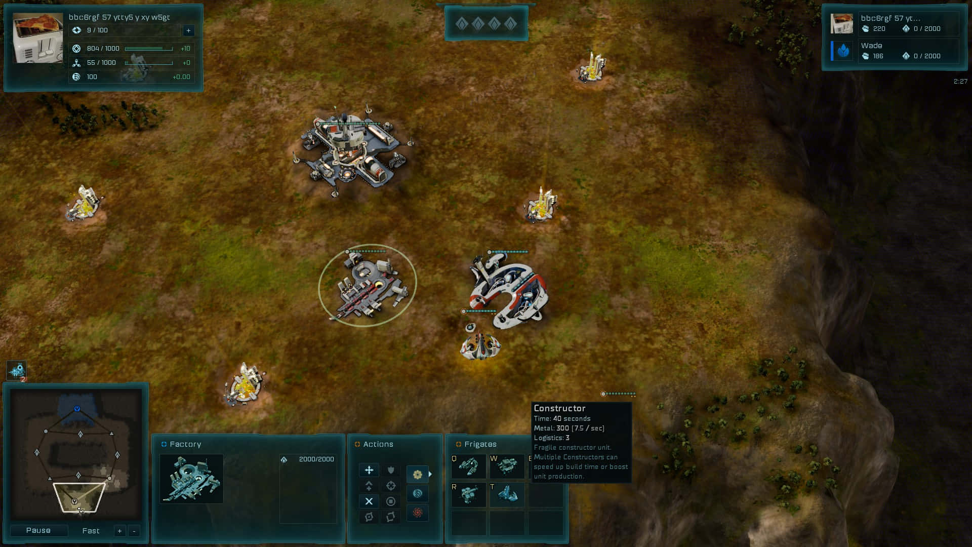 HD Ashes Of The Singularity Escalation 桌布 壁紙 — 科幻策略遊戲的俯視圖，顯示崎嶇地形上的未來單位和建築物以及UI元素。