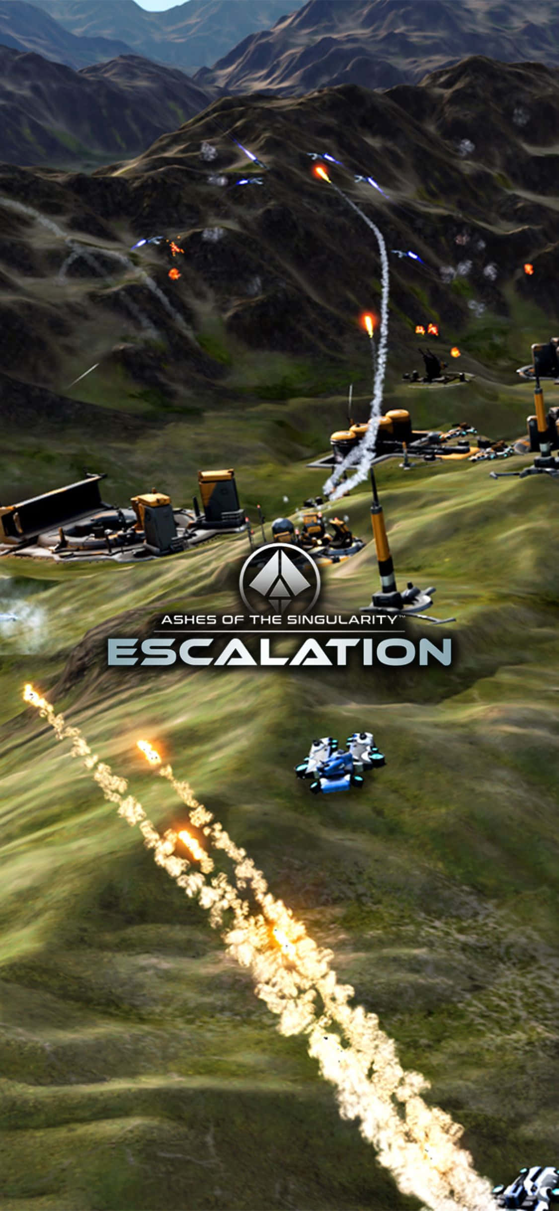 iPhone X Ashes Of The Singularity Escalation 桌布 壁紙 — 科幻遊戲中，未來戰爭機器在山地戰場上發射能量光束的鳥瞰圖。