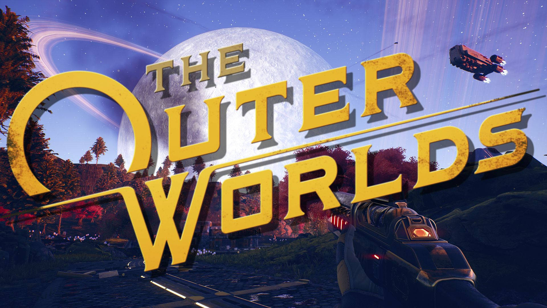 The Outer Worlds 桌布 壁紙 — 科幻遊戲標題畫面，背景中有一艘太空船飛近一個帶有環系統的行星和一個大衛星。