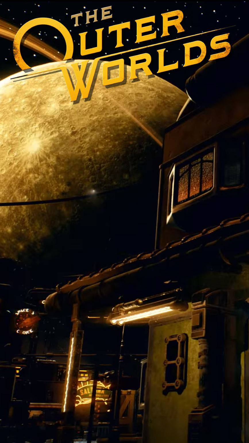 The Outer Worlds 桌布 壁紙 — 科幻遊戲海報中，在一個巨大的隕石坑月球下，一間霓虹燈照亮的異形酒吧。