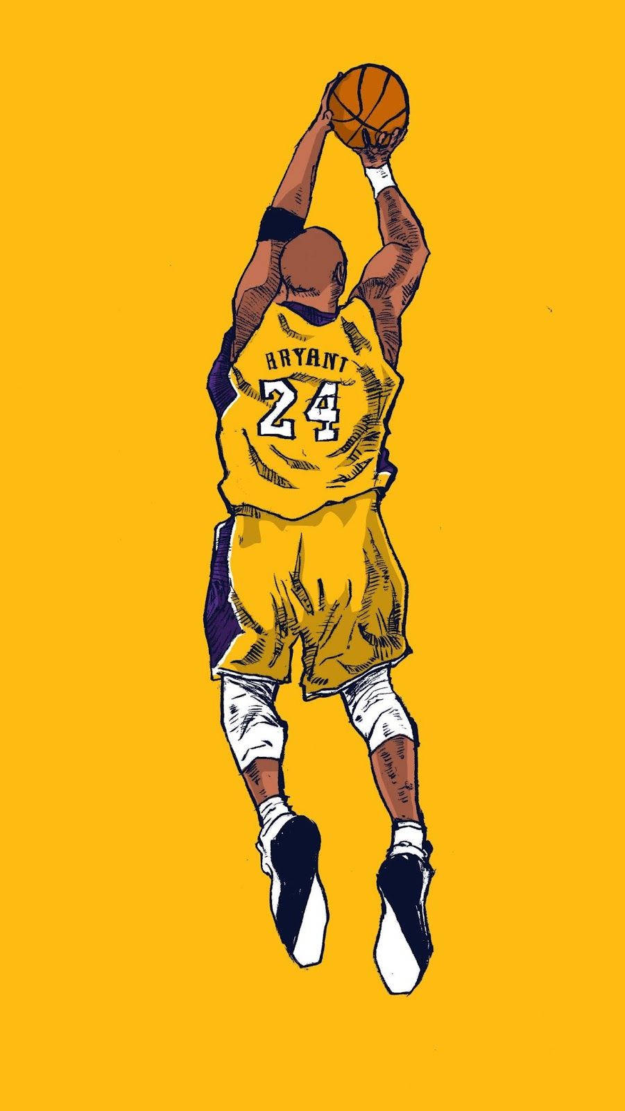 科比· Bryant 桌布 壁紙 — 科比·布萊恩在空中灌籃的插圖，身穿其標誌性黃色24號球衣，背景為純黃色。