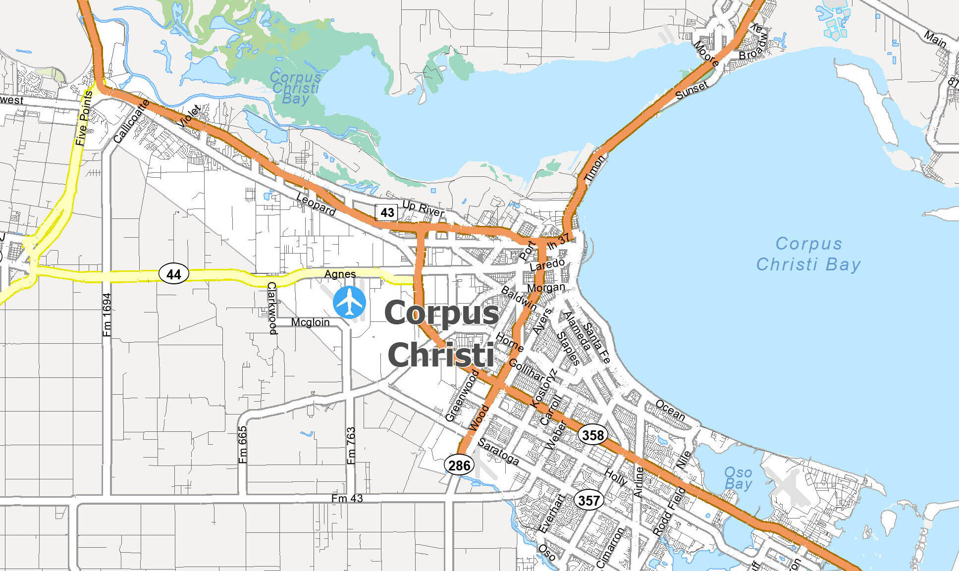 Map 桌布 壁紙 — 科珀斯克里斯蒂的詳細地圖，顯示街道、道路和海灣水道，並標有地標和高速公路。