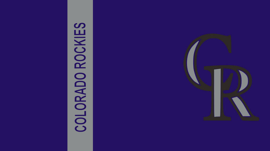 Rockies 桌布 壁紙 — 科羅拉多落磯隊標誌以灰色和黑色呈現，置於深紫色背景上，球隊名稱垂直排列在灰色條紋中。