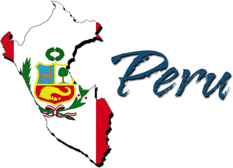 秘魯 桌布 壁紙 — 秘魯地圖輪廓填充國旗和國徽，旁邊有藍色文字 Peru，背景為黑色。