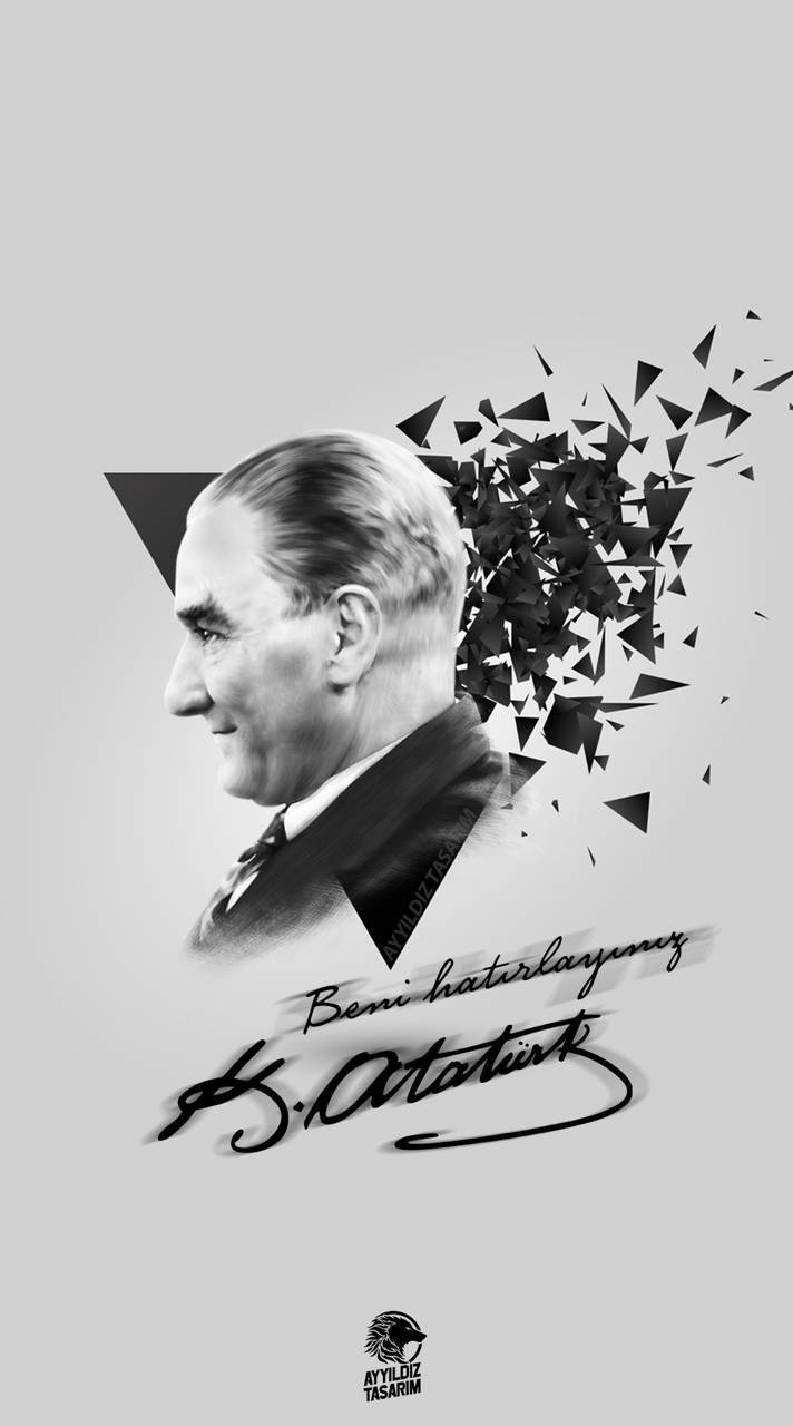 Ataturk 桌布 壁紙 — 穆斯塔法·凱末爾·阿塔圖爾克的單色肖像，幾何碎片從他的頭部爆裂，背景為淺灰色。