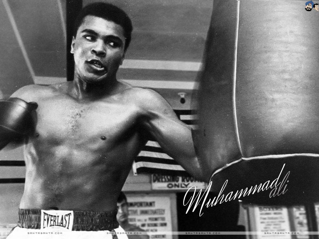 Muhammad 桌布 壁紙 — 穆罕默德·阿里以黑白風格在拳擊館內與重沙袋激烈訓練。