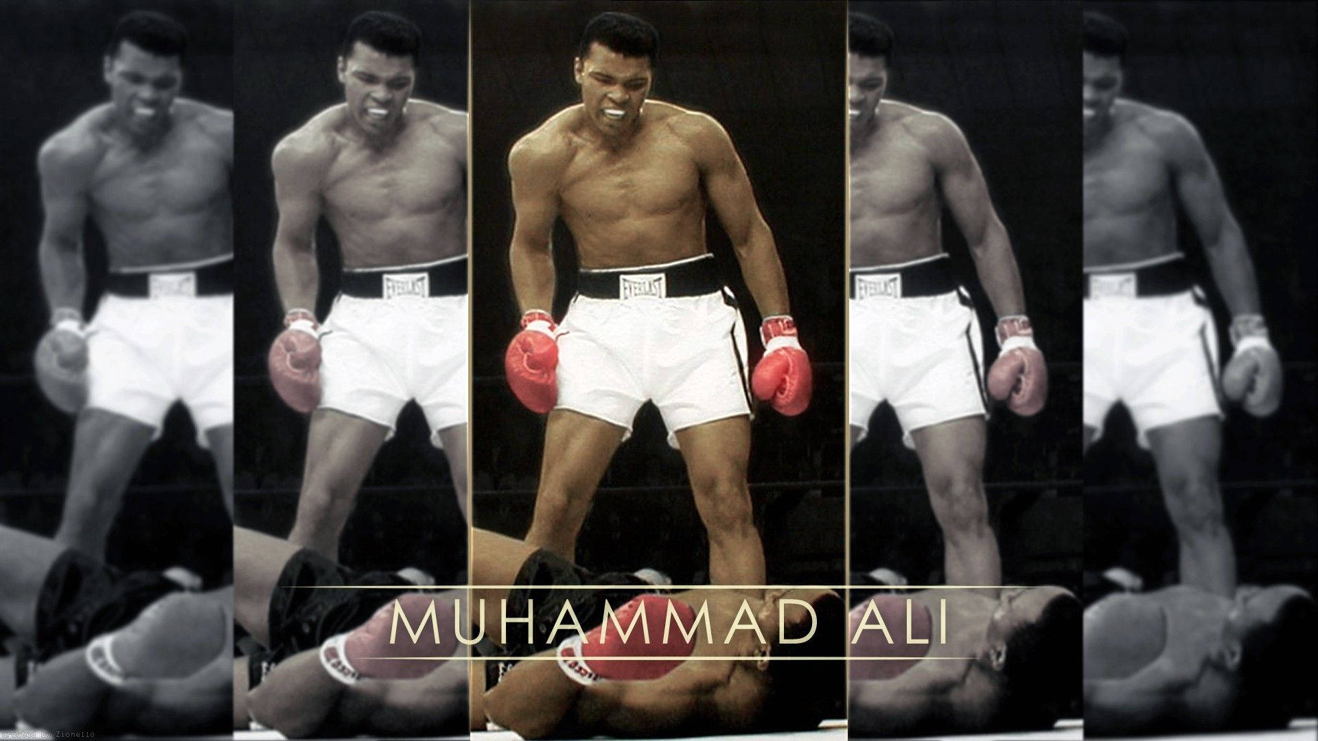 Muhammad 桌布 壁紙 — 穆罕默德·阿里在拳擊台上勝利地站立，對手被打敗在他腳下，以戲劇性的黑白拼貼捕捉。