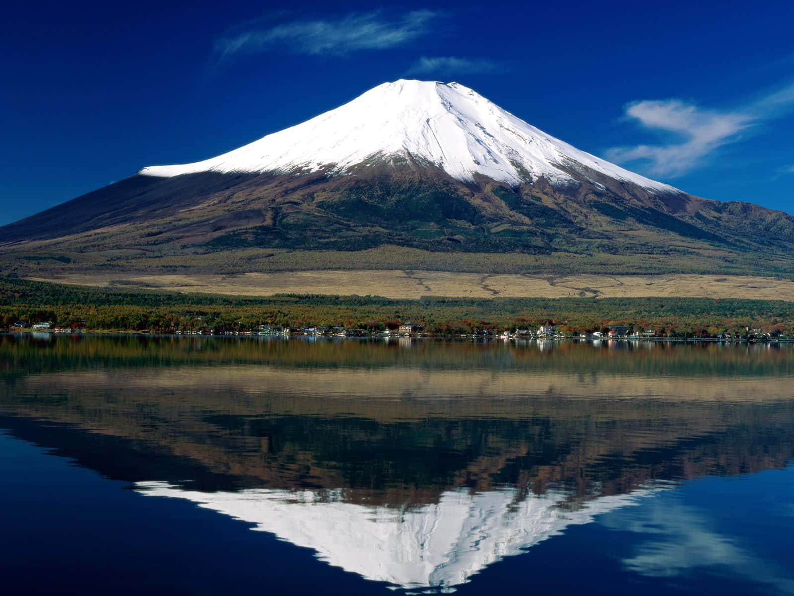 Mt Fuji 桌布 壁紙 — 積雪的富士山在晴朗天空下完美倒映在平靜的藍色水面上。