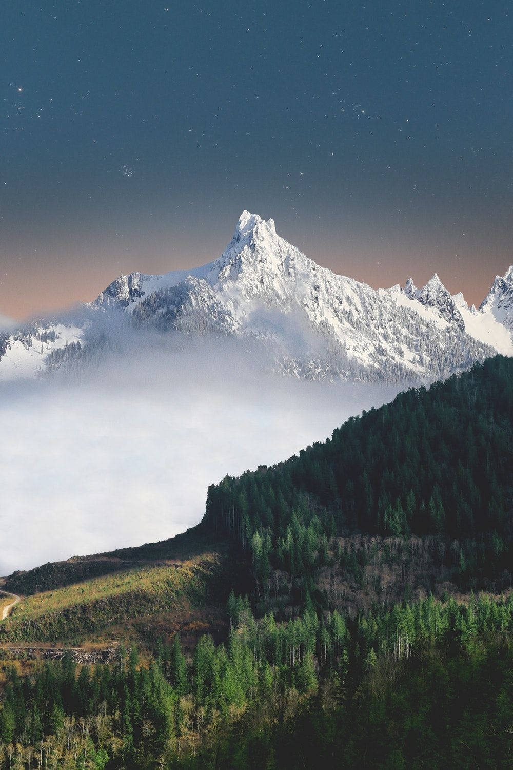 iPhone 桌布 壁紙 — 積雪的山峰刺穿星空的暮色天空，下方是雲海和茂密的常綠森林。