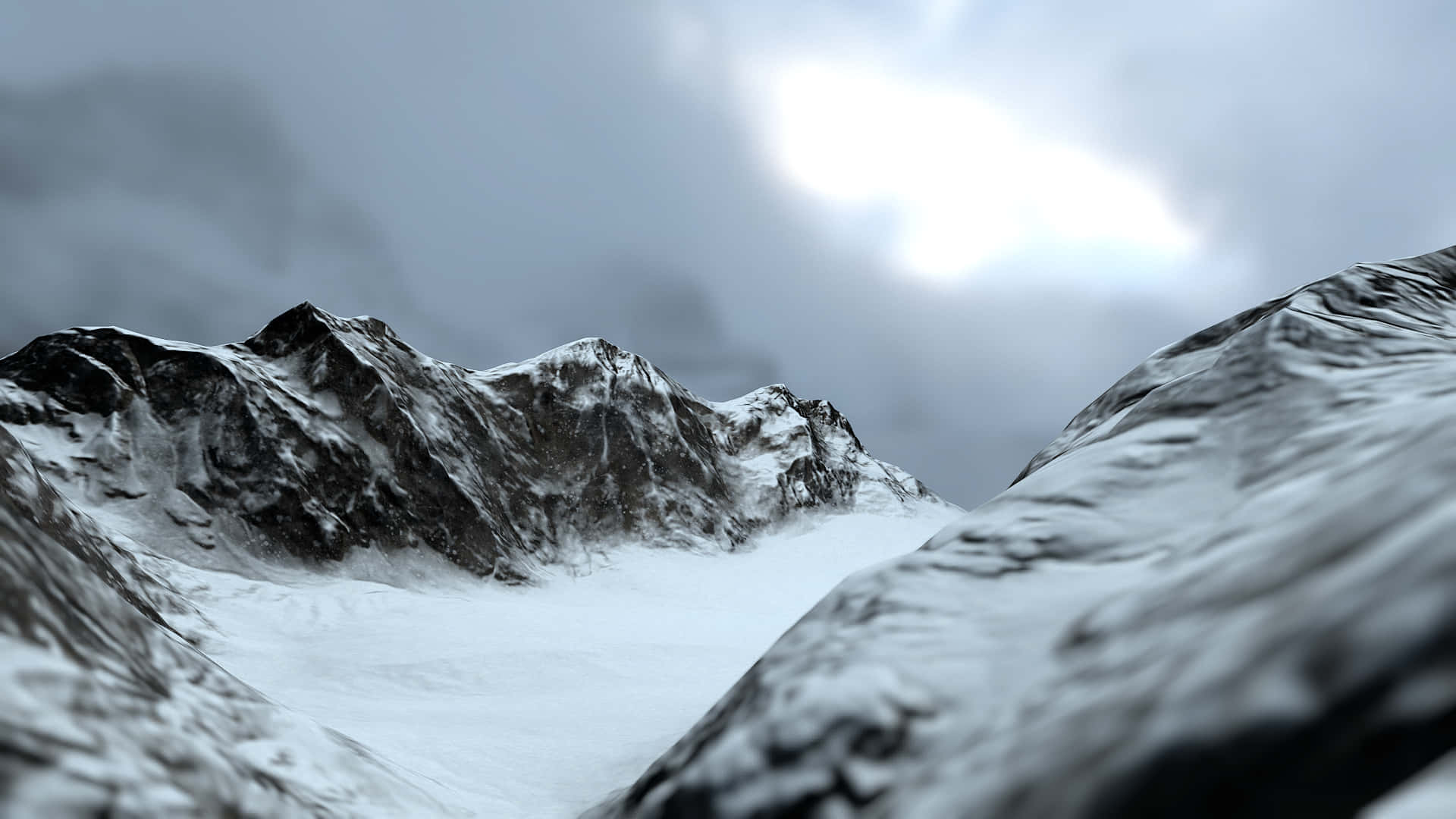Snowy Mountain 桌布 壁紙 — 積雪的山峰刺穿沉重的灰色天空，柔和的光線穿過雲層。