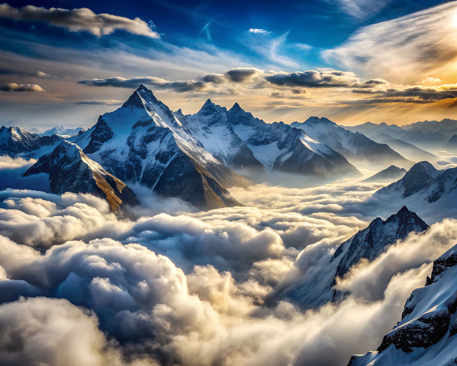 Snow-capped mountains 壁紙 — 積雪的山峰在充滿活力的藍色和金色天空下穿過雲海。