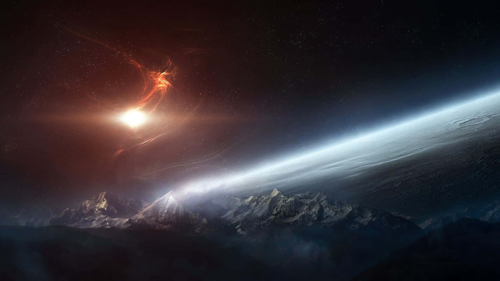 外太空 桌布 壁紙 — 積雪的山峰在宇宙天空下升起，發光的星雲照亮了行星彎曲的地平線。