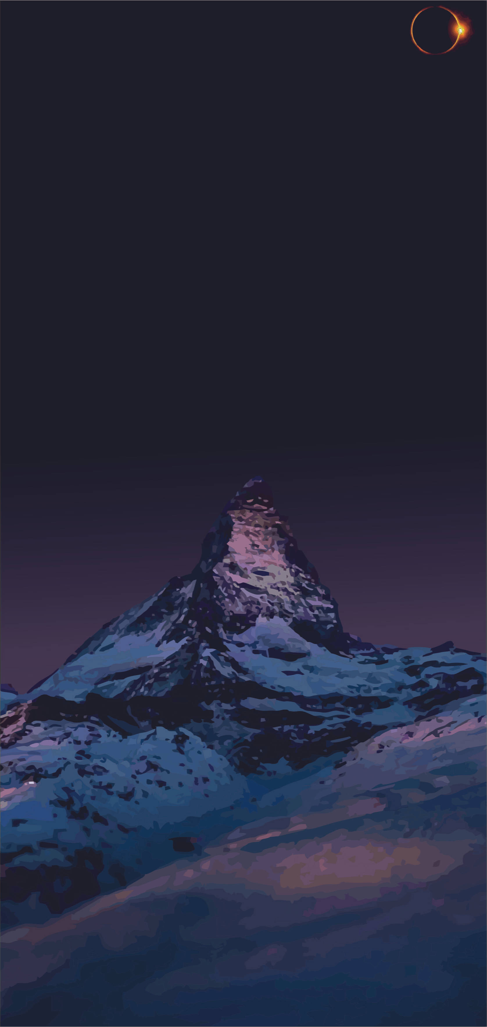 山景 桌布 壁紙 — 積雪的山峰在暮色天空下閃耀，一彎新月懸掛在上方。