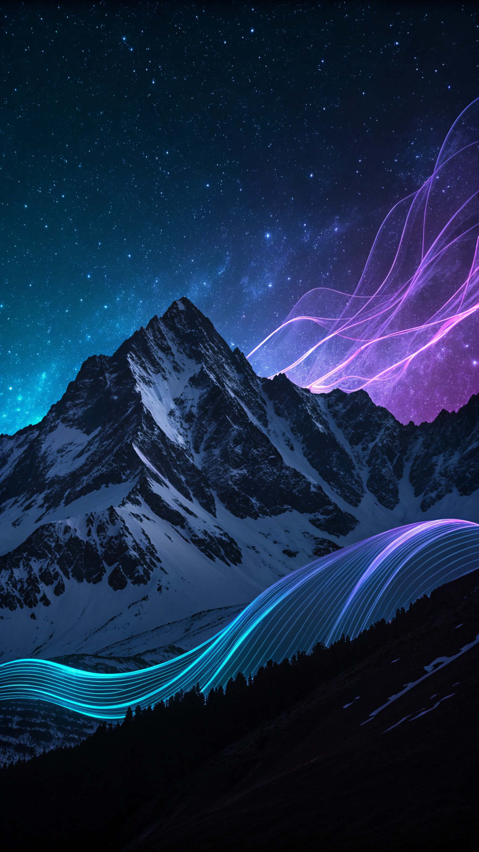 Gradient 桌布 壁紙 — 積雪的山峰在繁星點點的夜空下聳立，夜空中有發光的紫色和青色光跡。