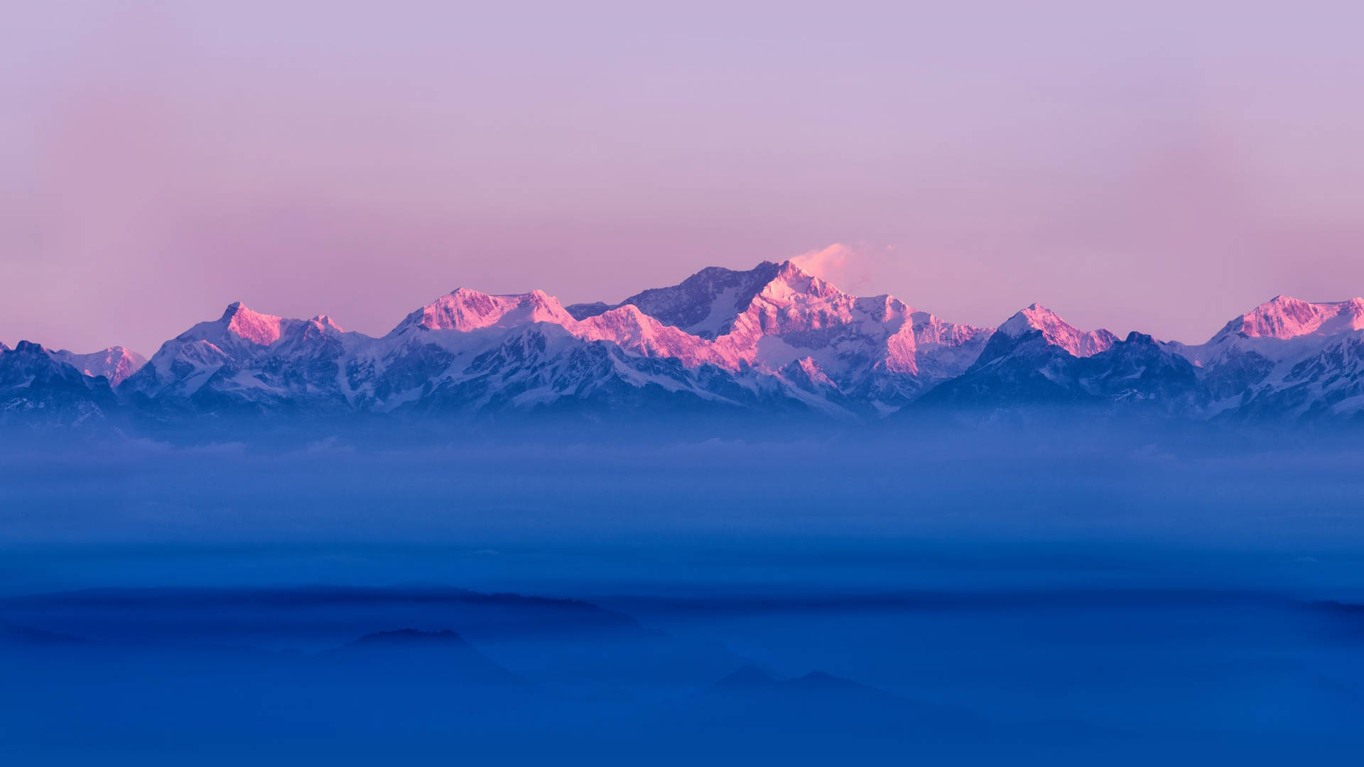 冬季美學 桌布 壁紙 — 積雪的山峰在黎明時分，在藍色霧海之上的薰衣草色天空映襯下，閃耀著粉紅色的光芒。