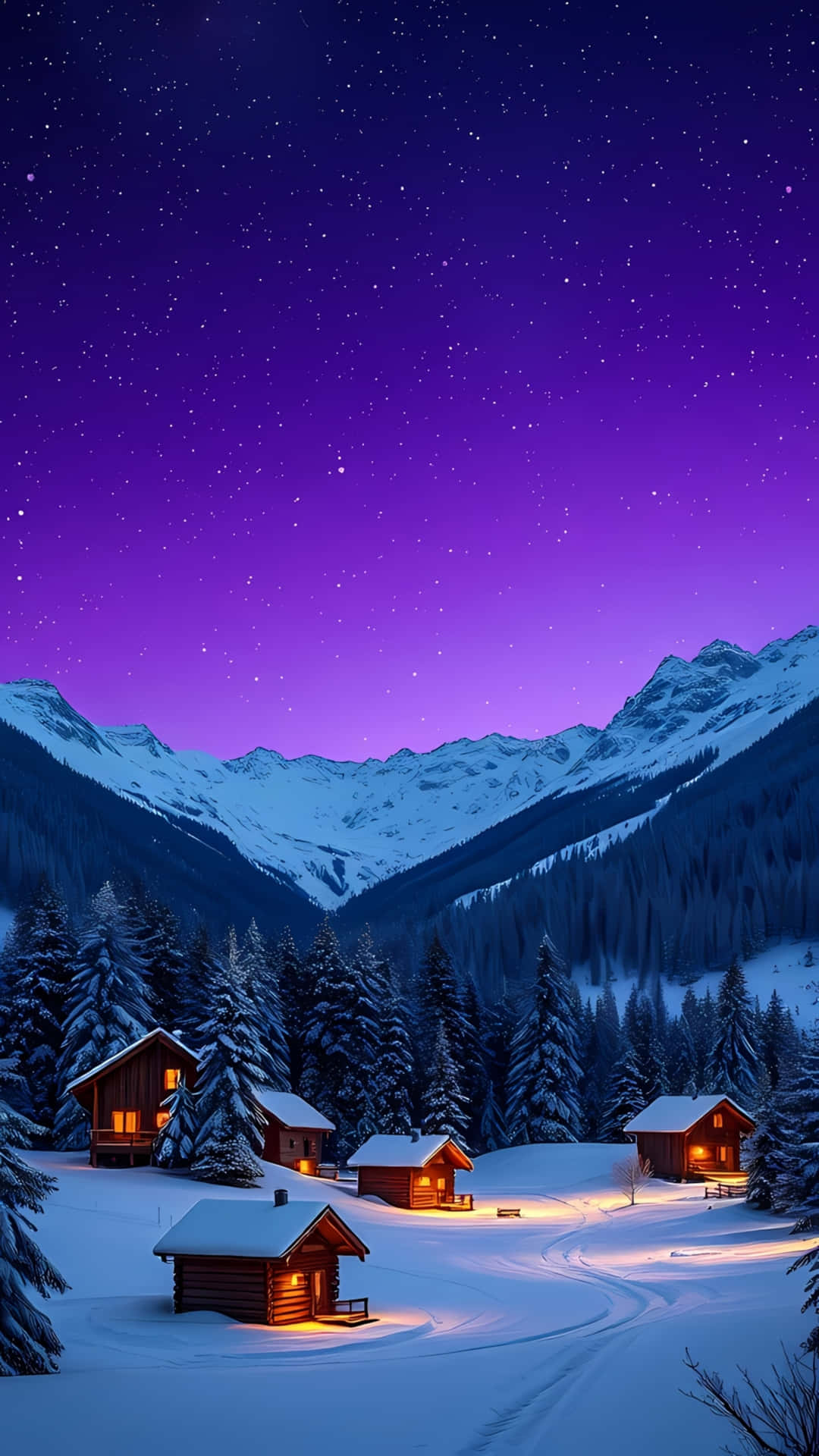 Cozy Winter Cabins Under Starry Night Sky 壁紙 — 積雪的山間小屋在充滿活力的紫色星空下溫暖地發光。