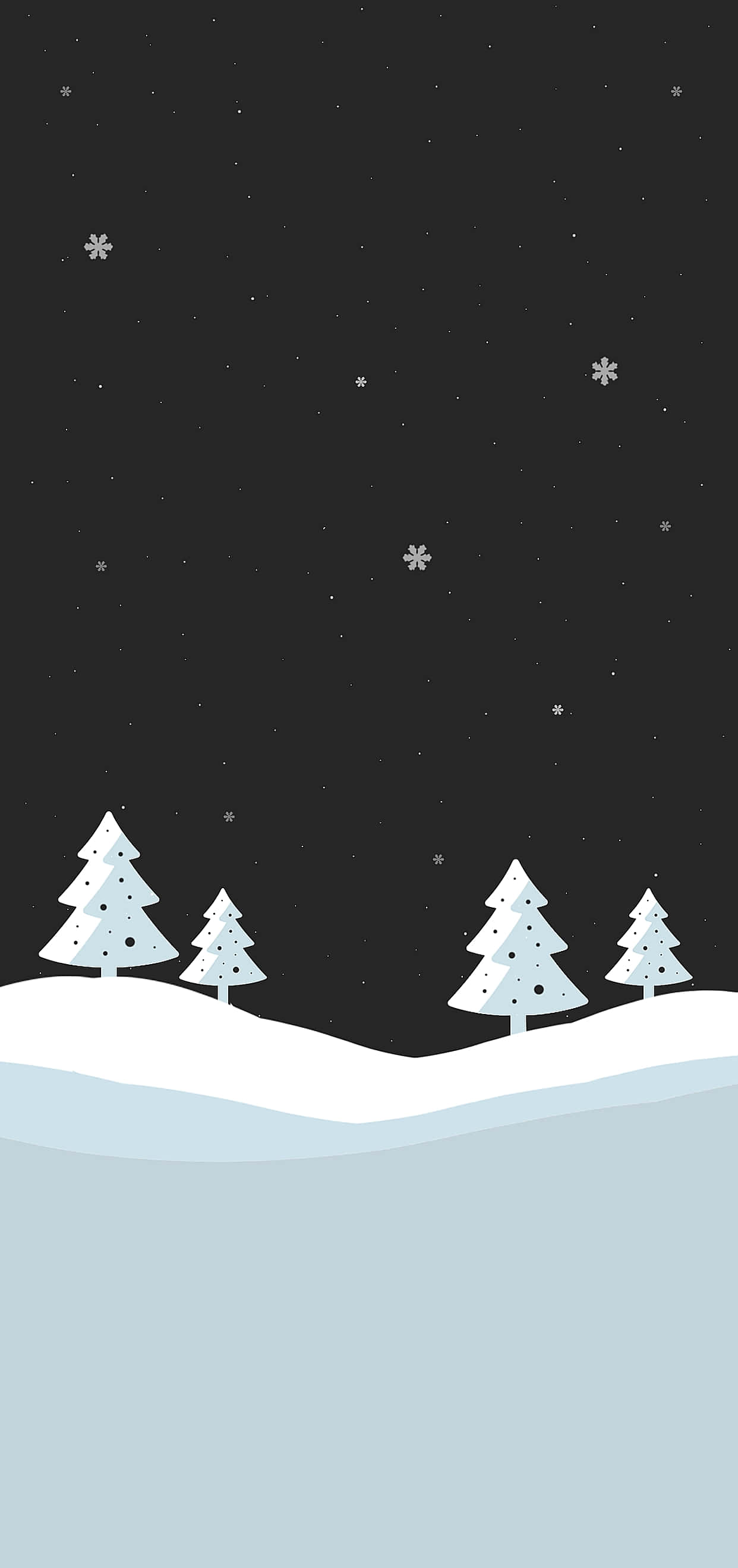 Dark Christmas 桌布 壁紙 — 積雪的松樹矗立在繁星點點的夜空下，雪花飄落，呈現極簡冬季場景。