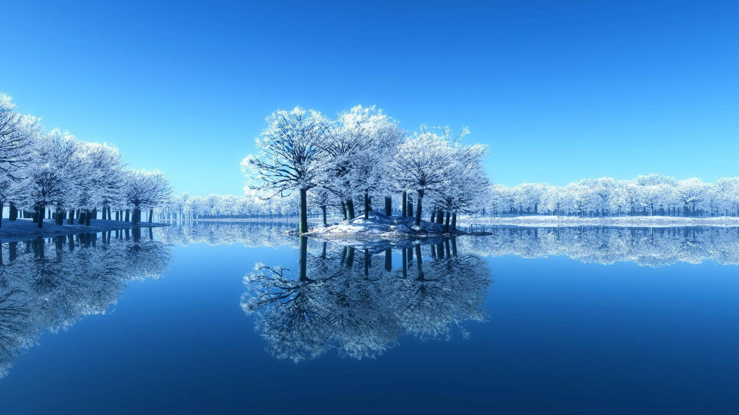 靜態 桌布 壁紙 — 積雪的樹木矗立在結冰的湖面上，在清澈的藍天下，平靜的水面完美倒映。