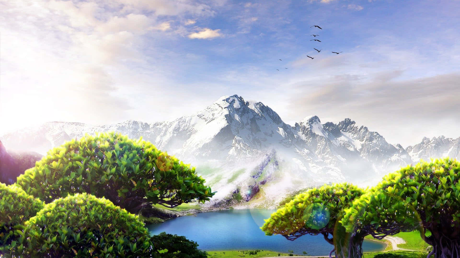 風景 桌布 壁紙 — 積雪覆蓋的山脈在寧靜的藍色湖泊後方升起，湖泊被茂密的綠樹環繞，天空明亮，鳥兒飛翔。