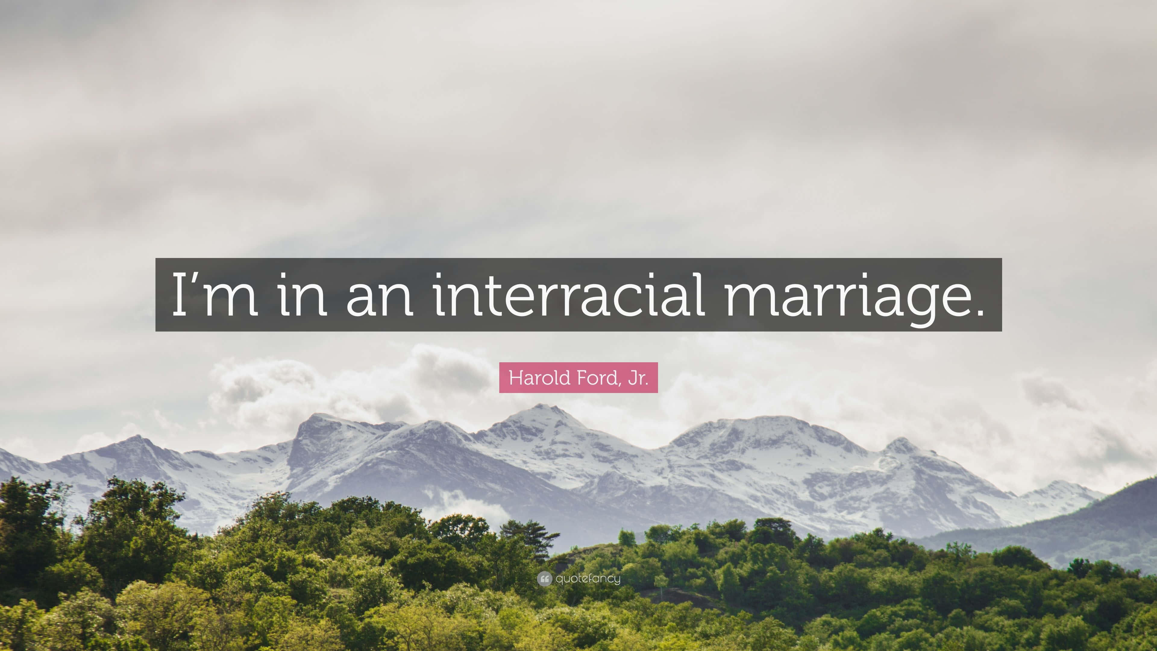 Interracial 桌布 壁紙 — 積雪覆蓋的山脈在陰天之下，於茂密翠綠的森林後方升起，並帶有引文疊加。