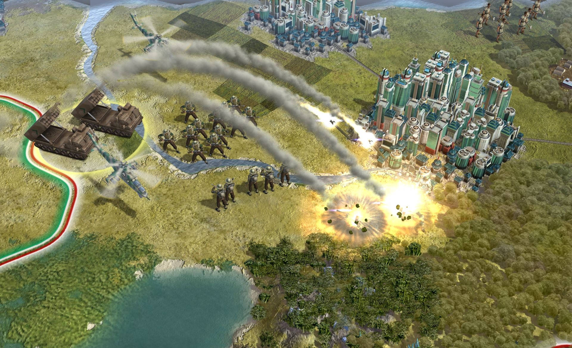 civilization 5 桌布 壁紙 — 空中和地面戰鬥展開，直升機向被裝甲部隊和爆炸圍困的未來城市掃射。