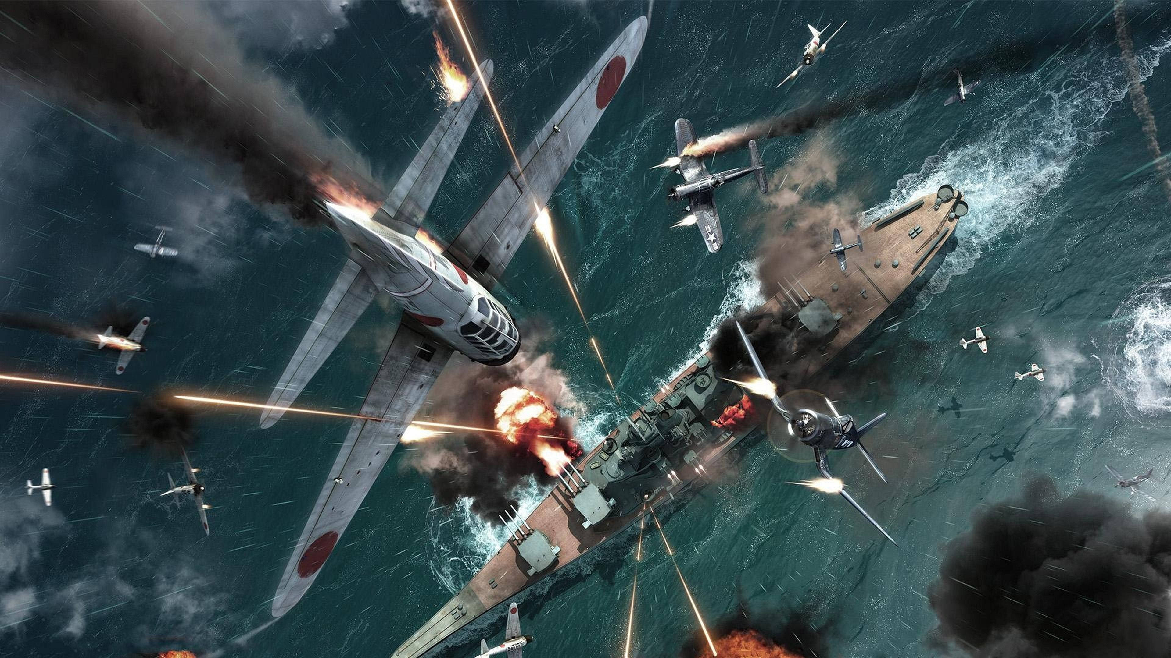 pearl 桌布 壁紙 — 空中和海戰在波濤洶湧的海面上爆發，飛機俯衝，船隻在烈火混亂中爆炸。