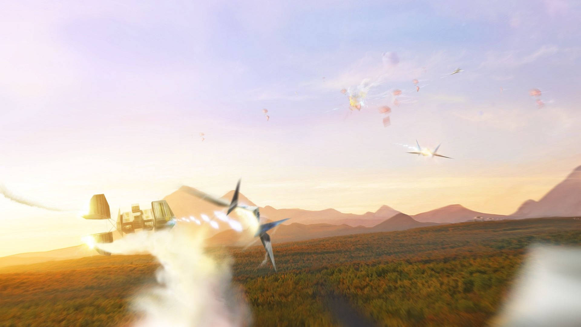 Star Fox 桌布 壁紙 — 空中纏鬥，戰鬥機在金色日落景觀和遠山上方爆炸。