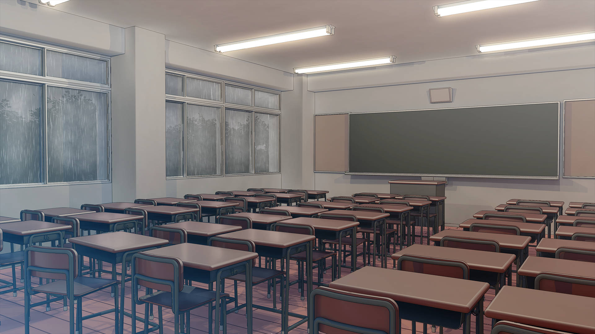 Anime Classroom 桌布 壁紙 — 空無一人的教室，螢光燈下排列著木製書桌和椅子，窗戶上可見雨水。