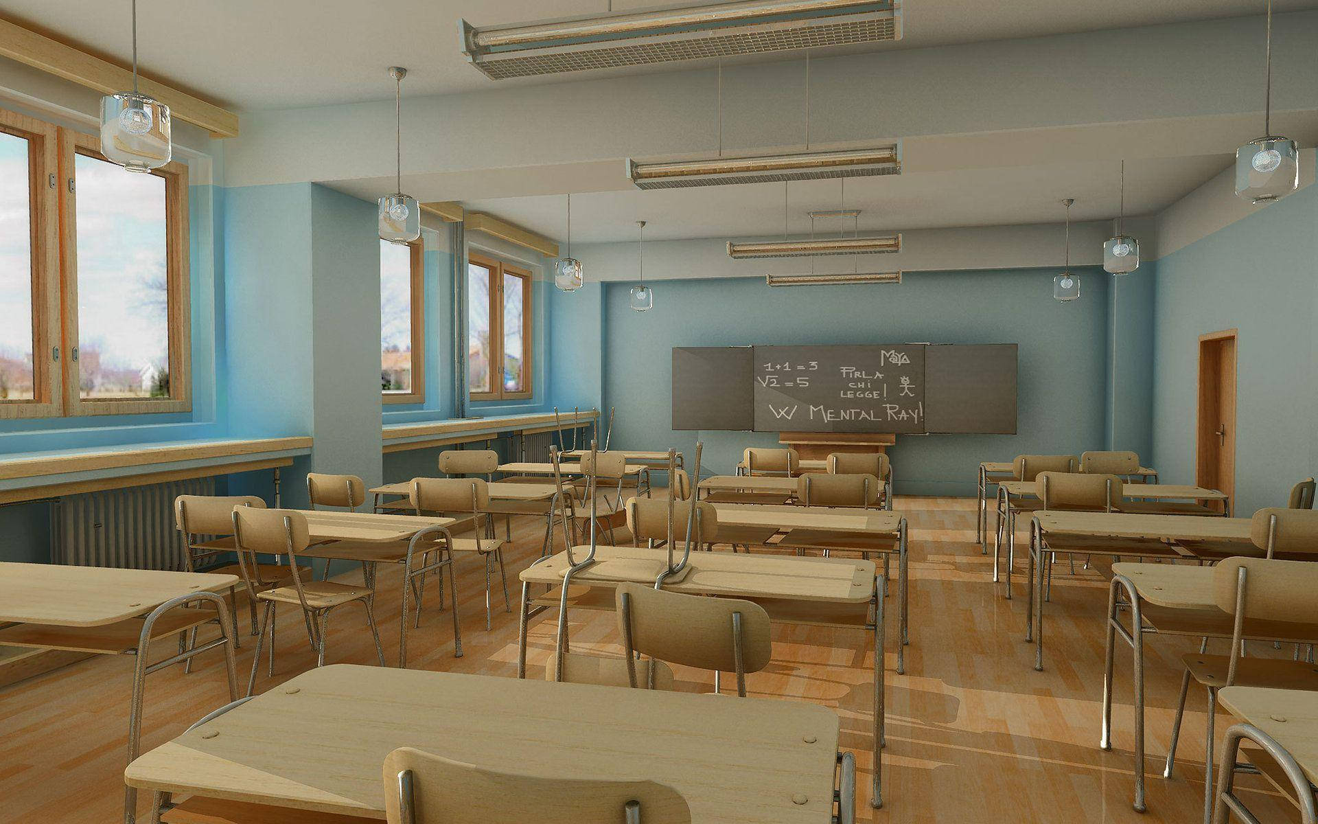 Classroom 桌布 壁紙 — 空無一人的教室，配有木製書桌、椅子和黑板，明亮的窗外展現冬日景色。