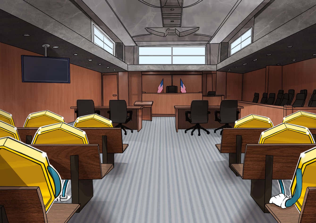 Courtroom 桌布 壁紙 — 空無一人的法庭，木製長椅和黑色椅子在螢光燈下。