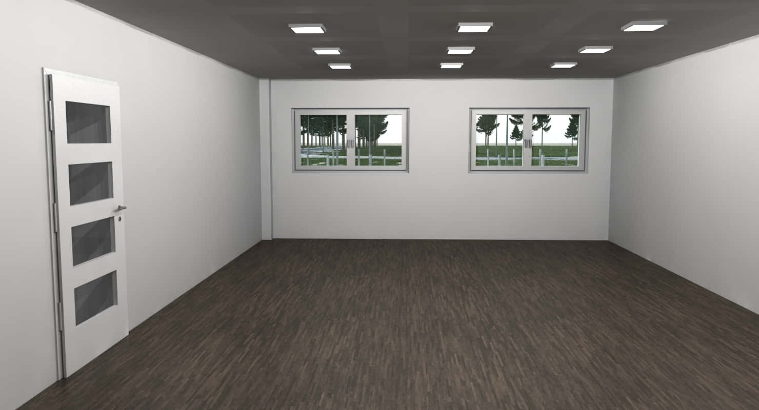 3D 桌布 壁紙 — 空無一物的極簡房間，鋪有深色木地板、白色牆壁，窗外可見綠樹。