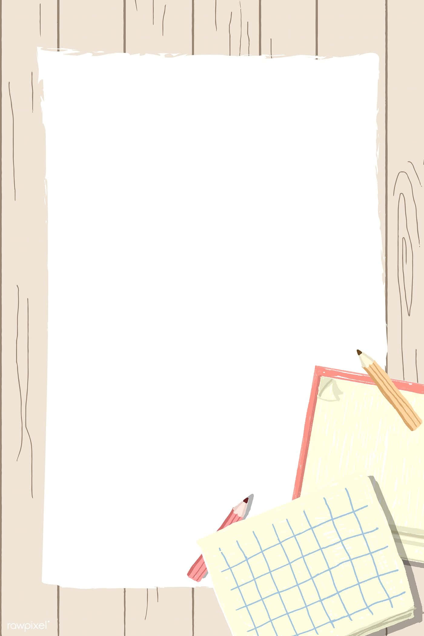 Notebook 桌布 壁紙 — 空白紙張放在木質表面上，旁邊有方格筆記本和彩色鉛筆，準備好進行創意使用。