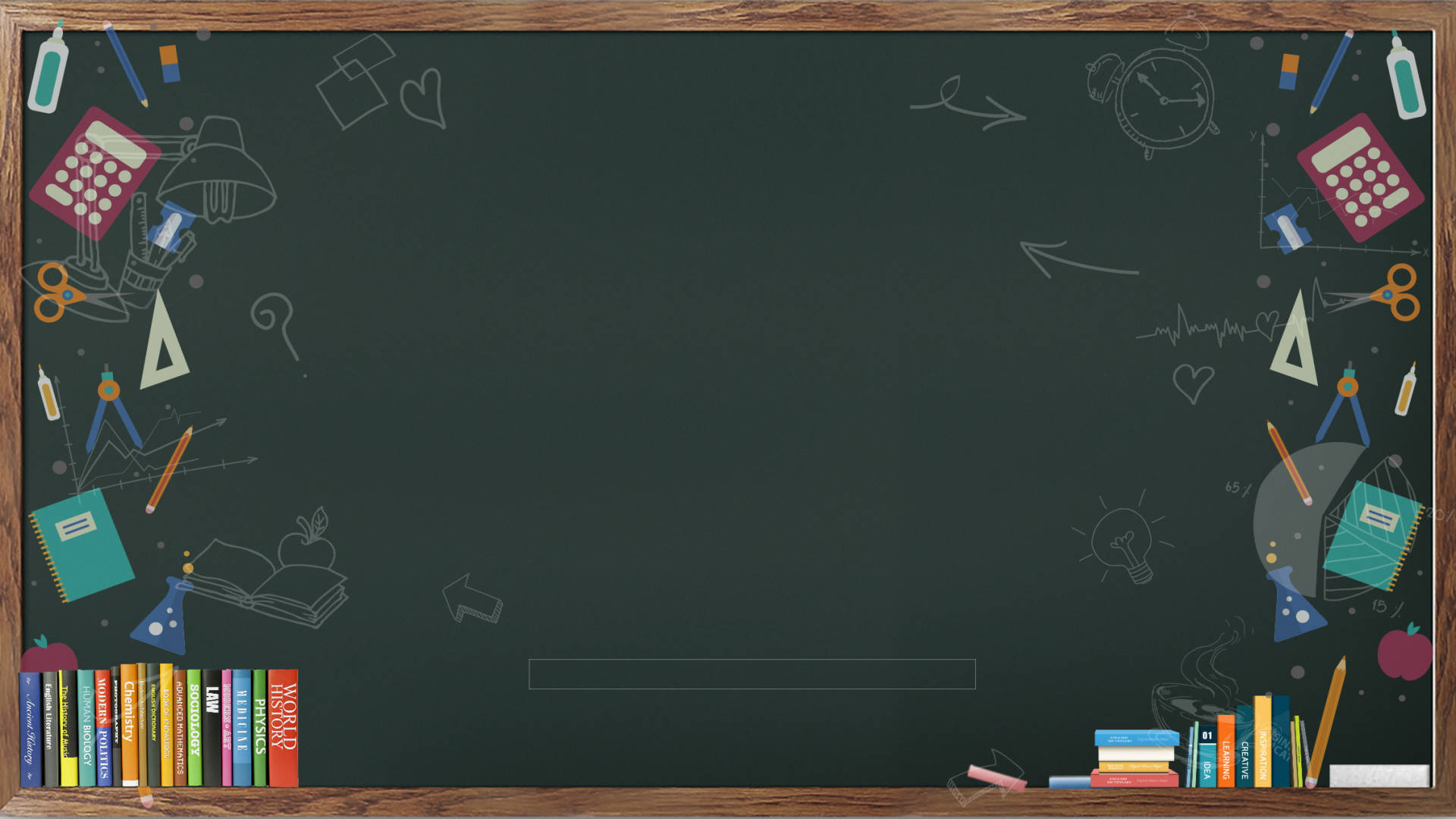 Chalkboard 桌布 壁紙 — 空白黑板，周圍環繞著色彩繽紛的學校用品和書籍，並有數學工具和心形的塗鴉。