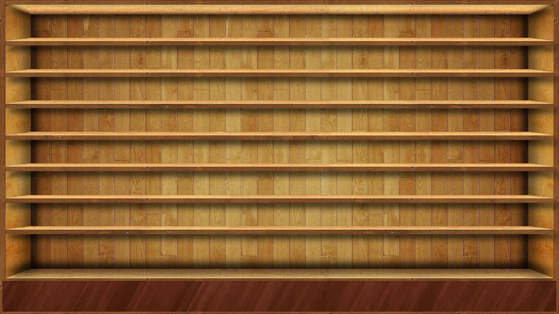 空的木質層架單元，帶有可見的木紋和溫暖色調。 — 書本 GIF 壁紙
