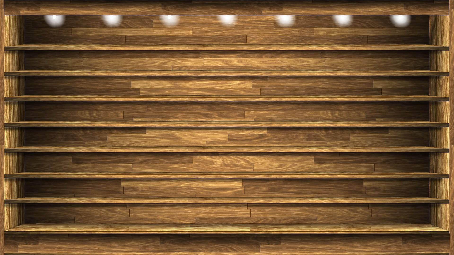 Wood Texture 桌布 壁紙 — 空置的木製貨架，由天花板射燈照亮，處於溫暖照明的零售空間。