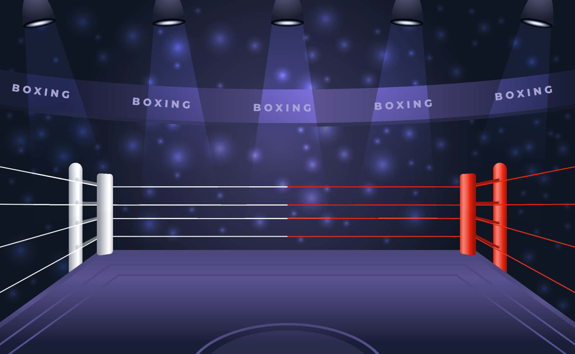 Boxing Ring 桌布 壁紙 — 空蕩蕩的拳擊擂台在戲劇性的聚光燈下，'BOXING' 橫幅在黑暗的競技場中發光。