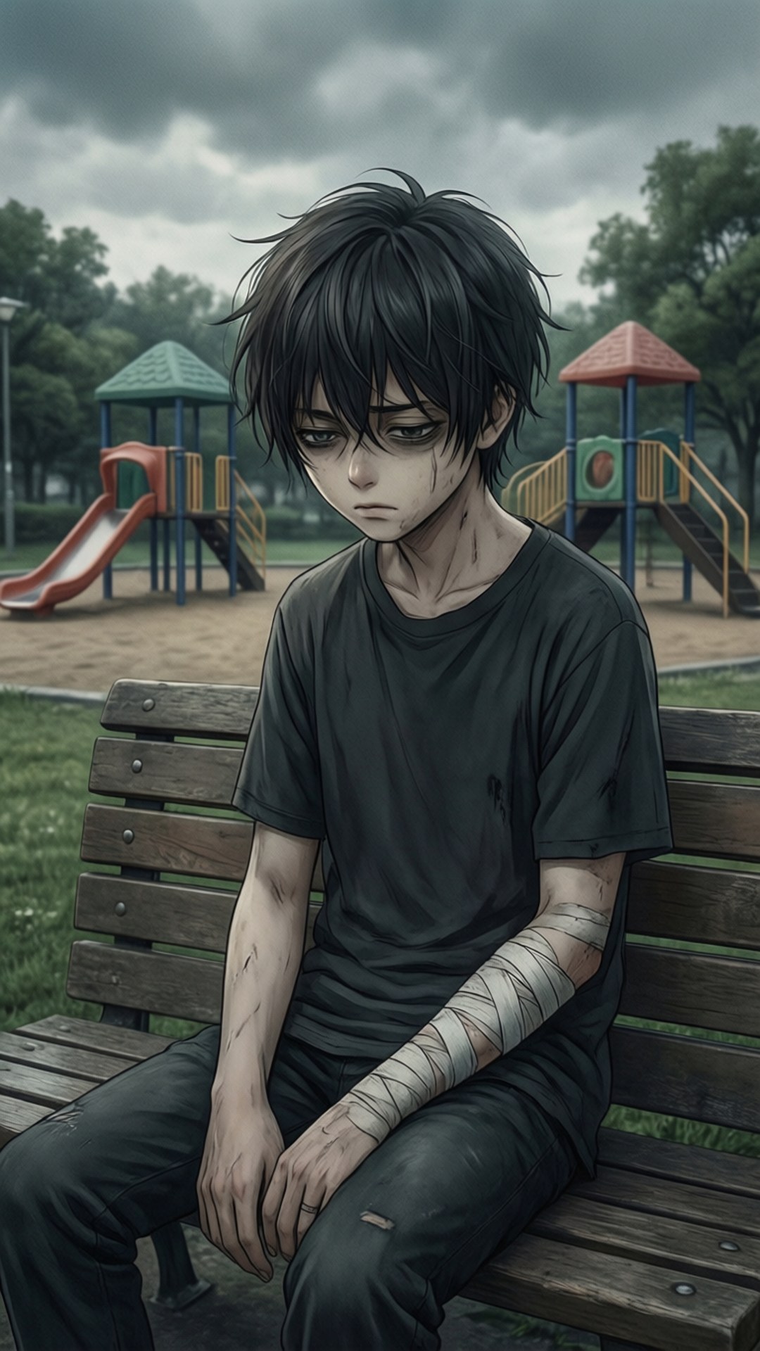 一位纏著繃帶的悲傷動漫男孩，坐在陰天公園的長椅上。