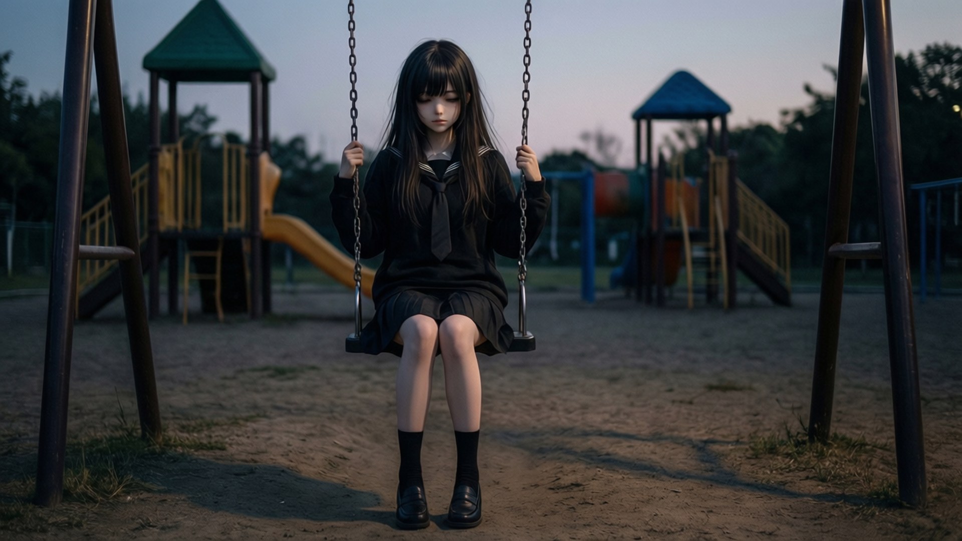 暮色中，一位傷心的動漫少女坐在鞦韆上。