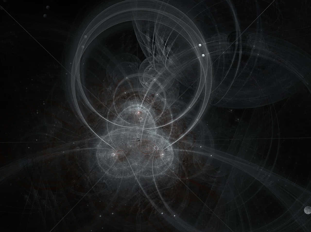 Dark Energy 桌布 壁紙 — 空靈的分形圖案在宇宙黑暗中旋轉，伴隨著發光的白色線條和遙遠的星星。