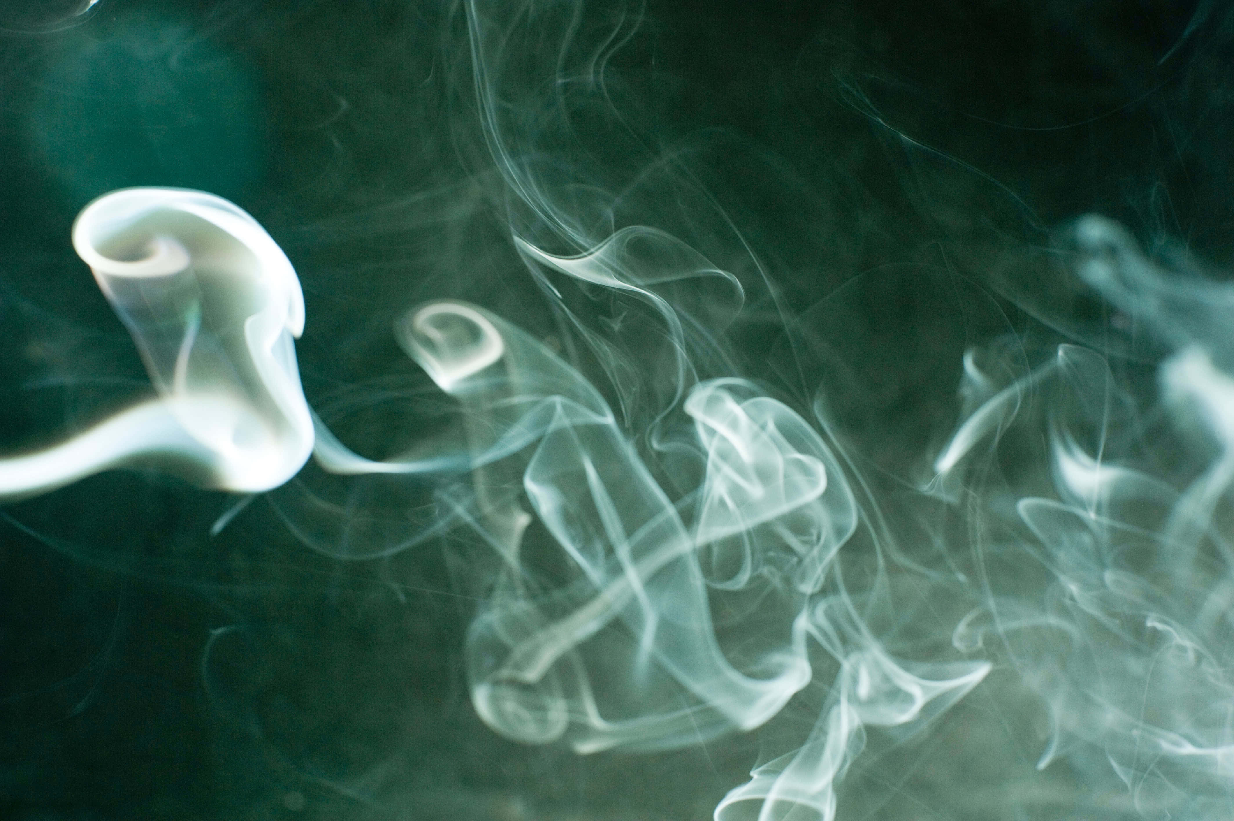 Smoky 桌布 壁紙 — 空靈的白煙在深綠色背景上纏繞飄移，上演一場光與影的慢動作舞蹈。