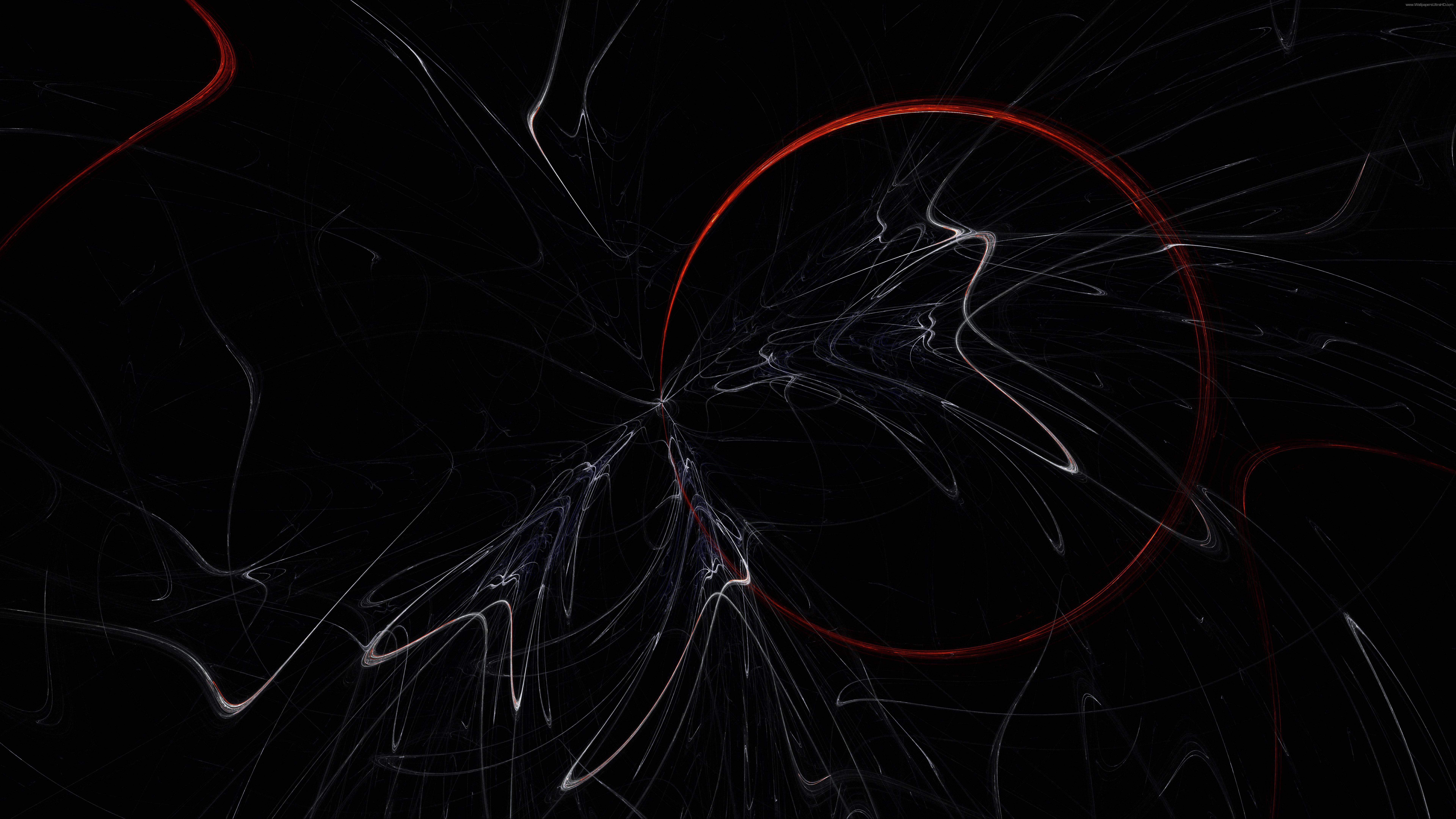 煙動圖 桌布 壁紙 — 空靈的白色和紅色分形線條在深黑色背景上動態旋轉。
