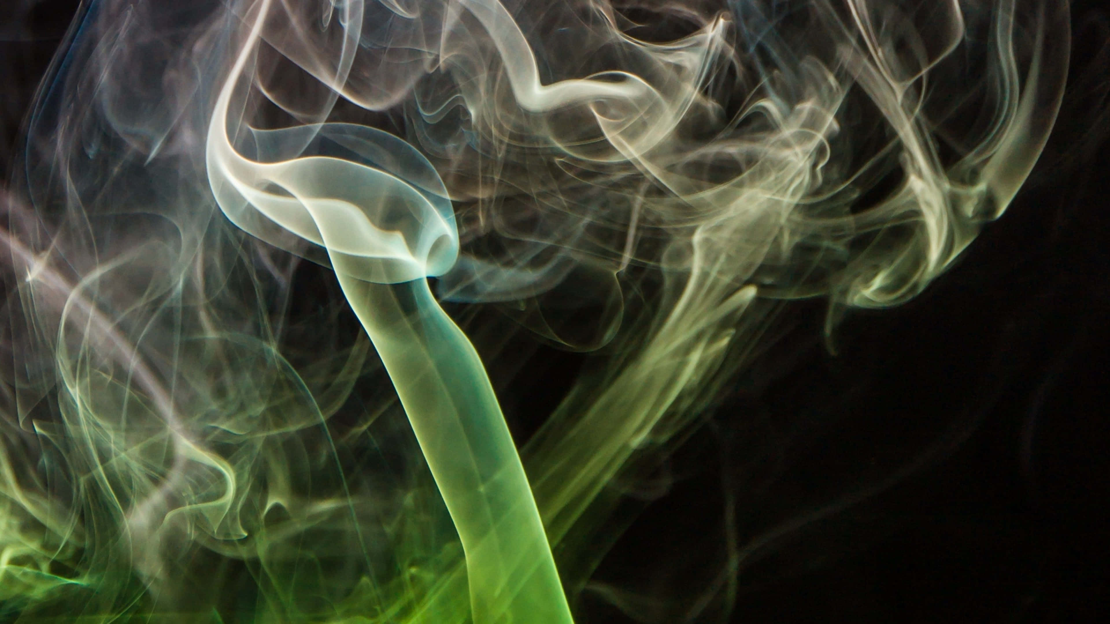 抽象 桌布 壁紙 — 空靈的綠色和白色煙霧在深黑色背景上優雅地旋轉，呈現出迷人的抽象舞蹈。