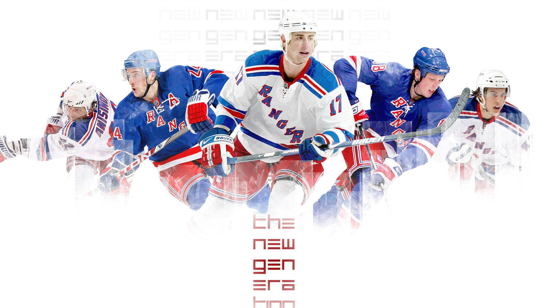 New 桌布 壁紙 — 穿著 Rangers 球衣的動感冰球運動員在純白背景下揮動球棍向前衝刺。