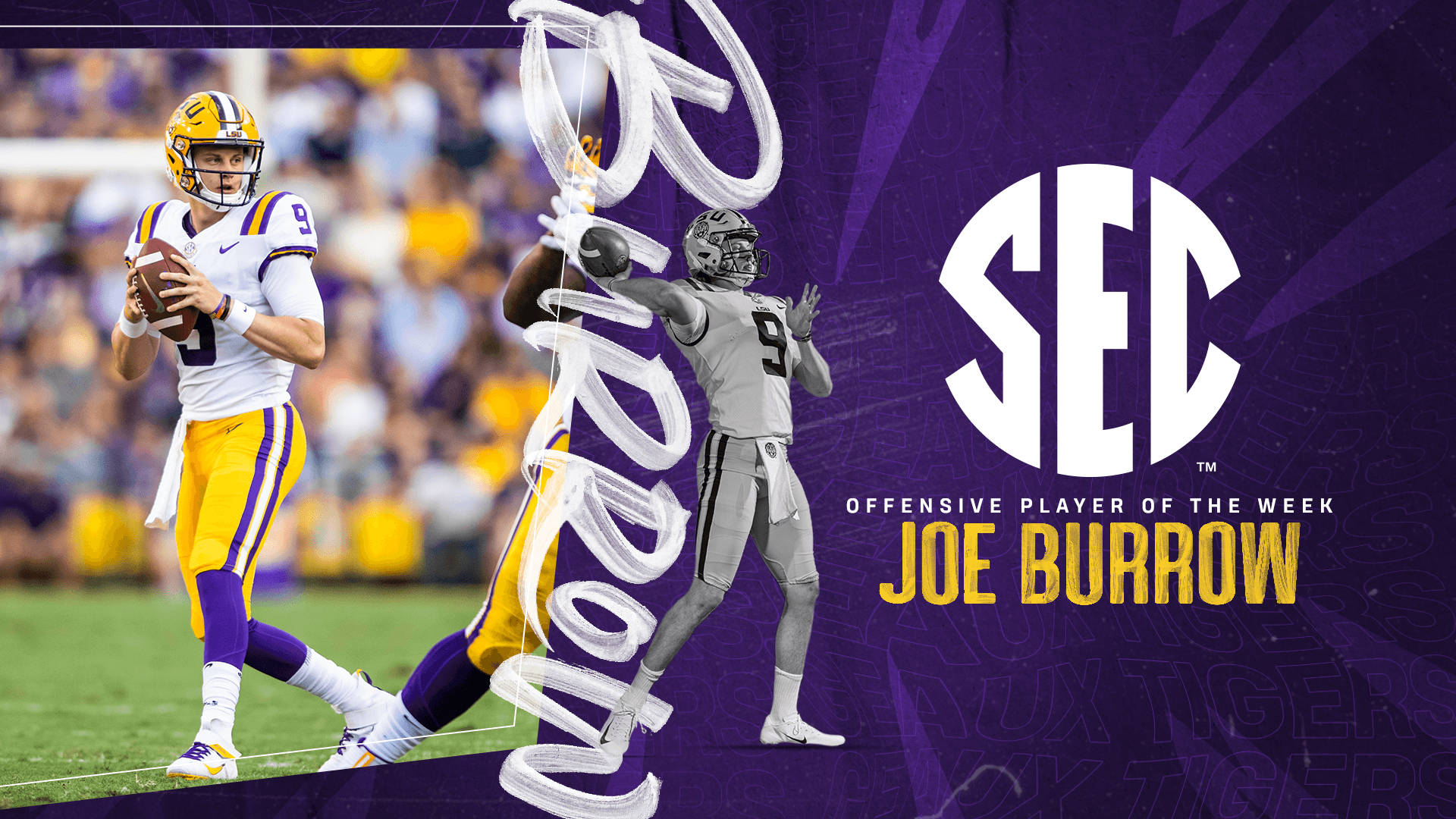 Joe Burrow 桌布 壁紙 — 穿著LSU球衣的足球運動員喬·伯羅手持獎盃，作為SEC本週最佳進攻球員圖形。