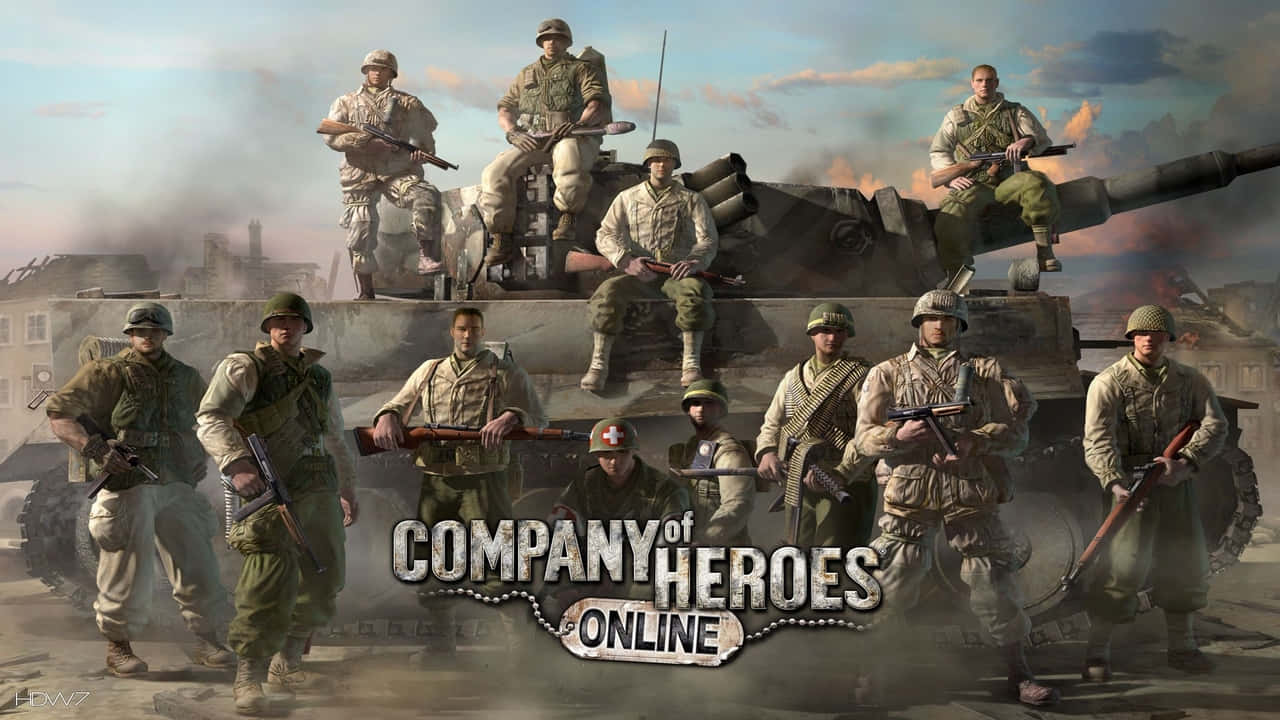 720p Company Of Heroes 2 桌布 壁紙 — 穿著二戰軍服的士兵在煙霧和廢墟中，站在和坐在坦克上，天空多雲。