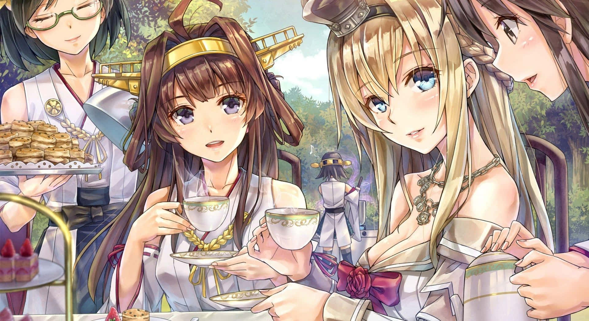 Kancolle 桌布 壁紙 — 穿著優雅服裝的動漫女孩在鬱鬱蔥蔥的花園中享用茶和糕點，遠處有一座城堡。