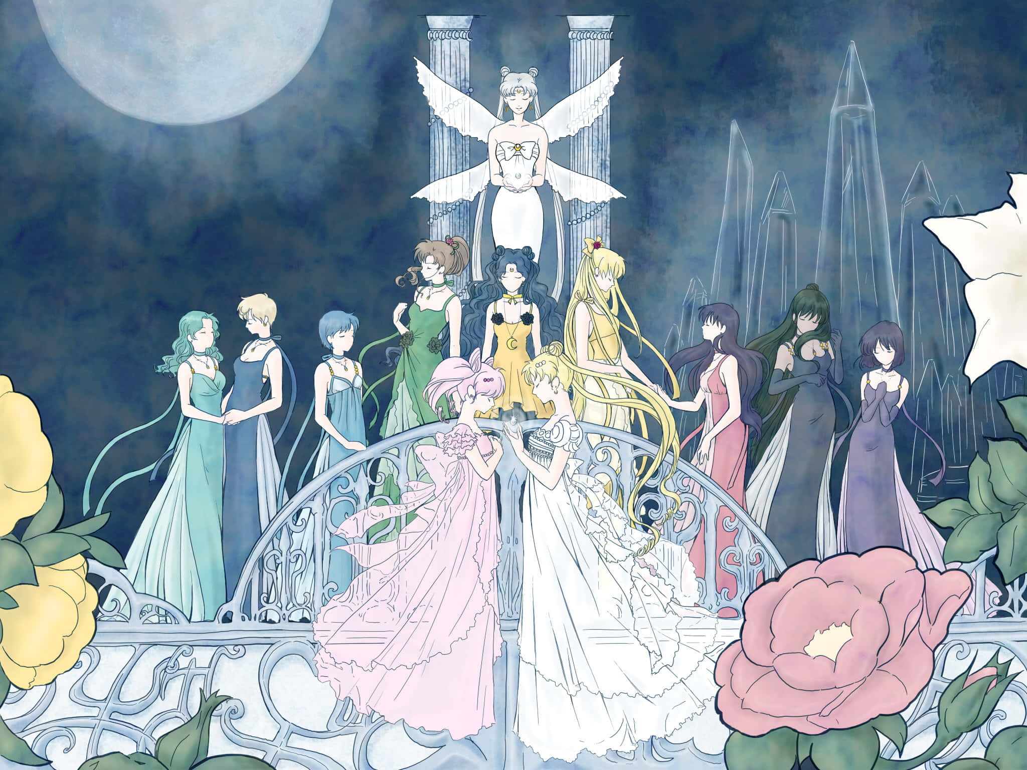 美少女戰士 桌布 壁紙 — 穿著優雅禮服的動漫女孩站在月光下的陽台上，周圍有水晶尖塔和巨大的花朵，滿月當空。