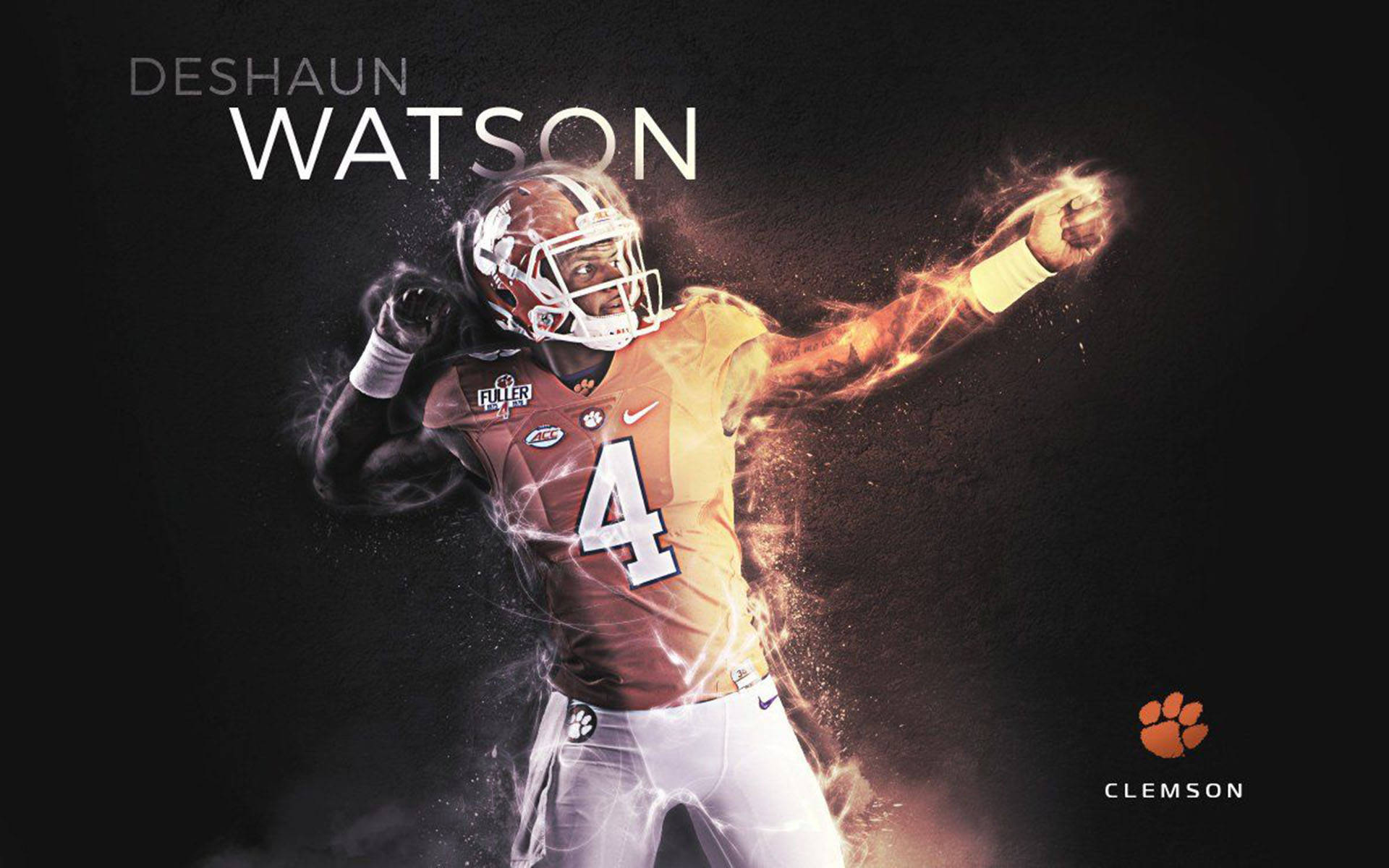 Deshaun Watson 桌布 壁紙 — 穿著克萊姆森隊服的美式足球員 Deshaun Watson 在深色背景下散發出火熱的能量。